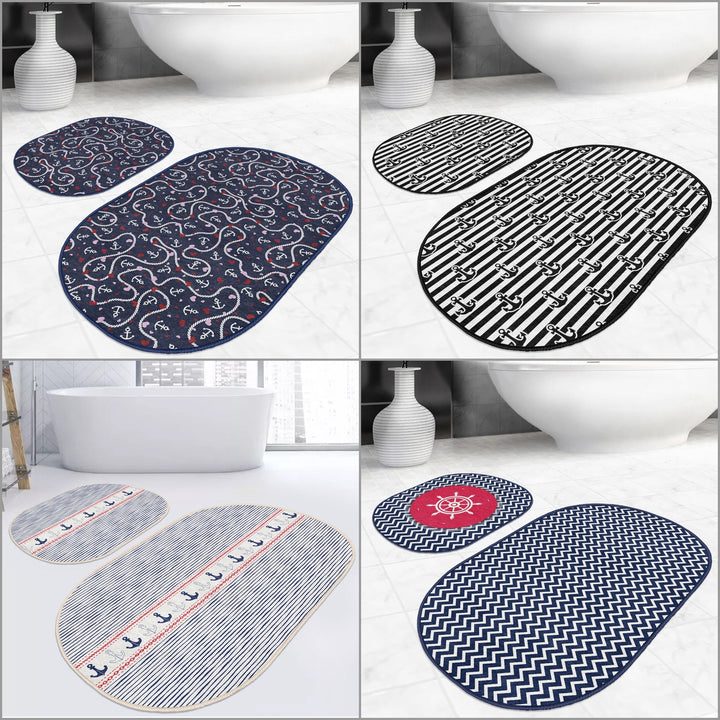 Set of 2 Nautical Bath Mat|Non-Slip Bathroom Decor|Anchor Bath Rug|Sailor Rope Kitchen Floor Mat|Oval Coastal Shower Home Entrance Carpet