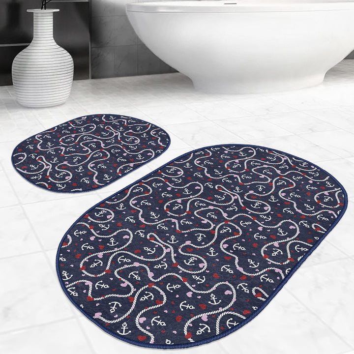 Set of 2 Nautical Bath Mat|Non-Slip Bathroom Decor|Anchor Bath Rug|Sailor Rope Kitchen Floor Mat|Oval Coastal Shower Home Entrance Carpet