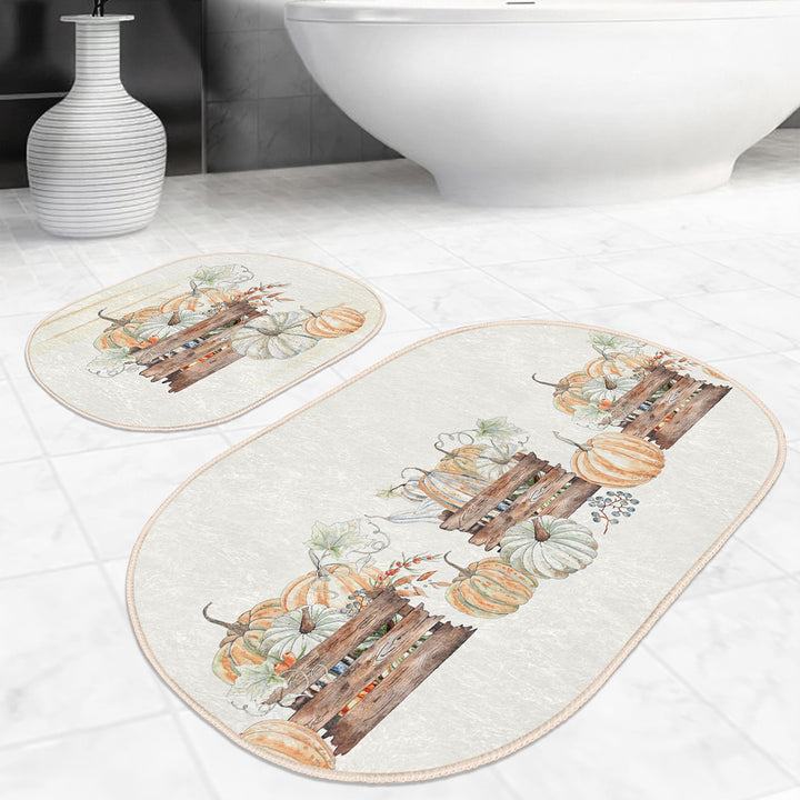 Set of 2 Fall Trend Bath Mat|Non-Slip Bathroom Decor|Autumn Bath Rug|Floral Pumpkin Kitchen Floor Mat|Oval Shower, Home Entrance Carpet