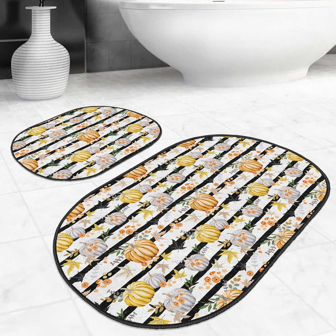 Set of 2 Fall Trend Bath Mat|Non-Slip Bathroom Decor|Autumn Bath Rug|Floral Pumpkin Kitchen Floor Mat|Oval Shower, Home Entrance Carpet