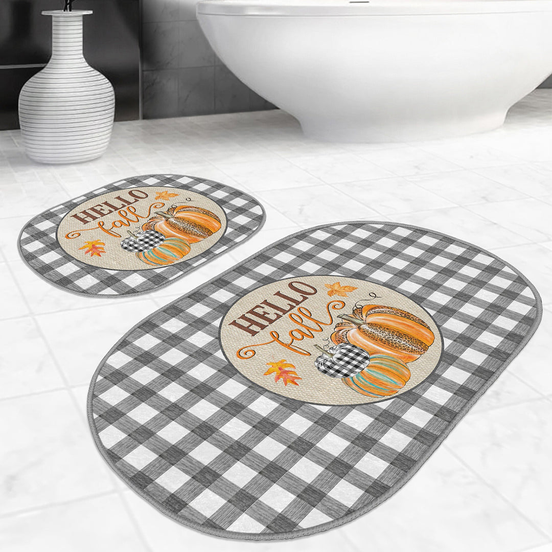 Set of 2 Hello Fall Bath Mat|Non-Slip Bathroom Decor|Autumn Bath Rug|Pumpkin and Dry Leaves Kitchen Mat|Oval Shower and Home Entrance Carpet