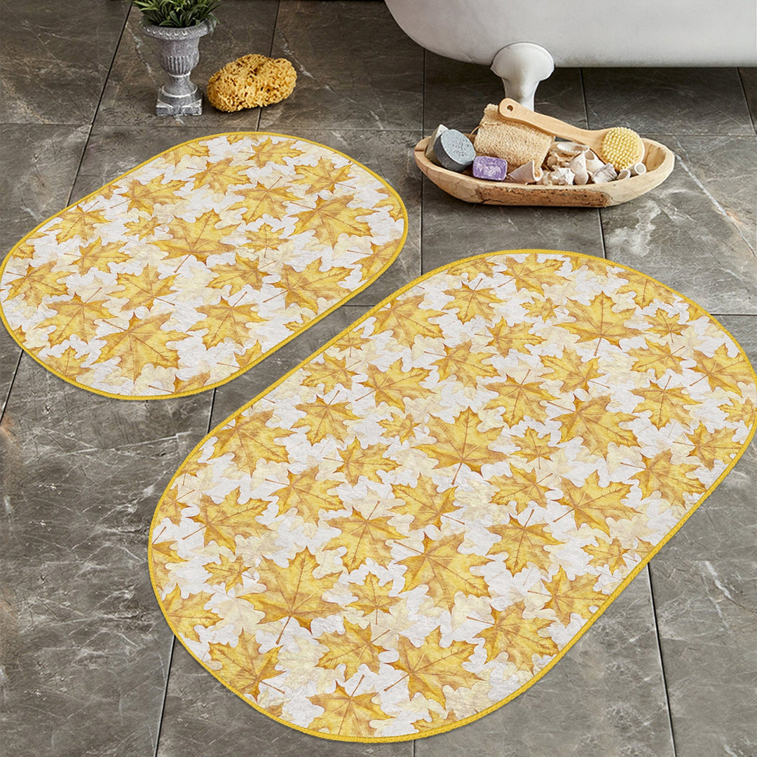 Set of 2 Hello Fall Bath Mat|Non-Slip Bathroom Decor|Autumn Bath Rug|Pumpkin and Dry Leaves Kitchen Mat|Oval Shower and Home Entrance Carpet