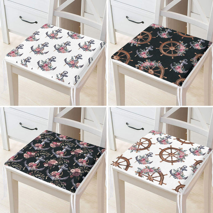 Set of 4 Nautical Chair Cushion|Floral Anchor Wheel Print Seat Pad with Zip and Ties|Beach House Chair Pad Set|Coastal Outdoor Seat Cushion