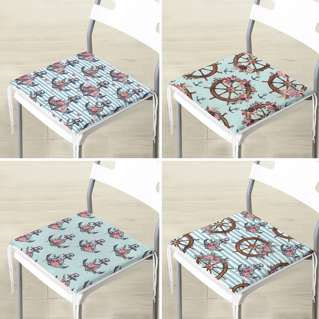 Set of 4 Nautical Chair Cushion|Floral Anchor Wheel Print Seat Pad with Zip and Ties|Beach House Chair Pad Set|Coastal Outdoor Seat Cushion