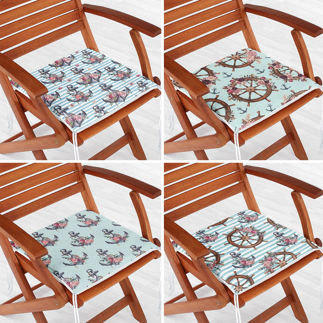 Set of 4 Nautical Chair Cushion|Floral Anchor Wheel Print Seat Pad with Zip and Ties|Beach House Chair Pad Set|Coastal Outdoor Seat Cushion