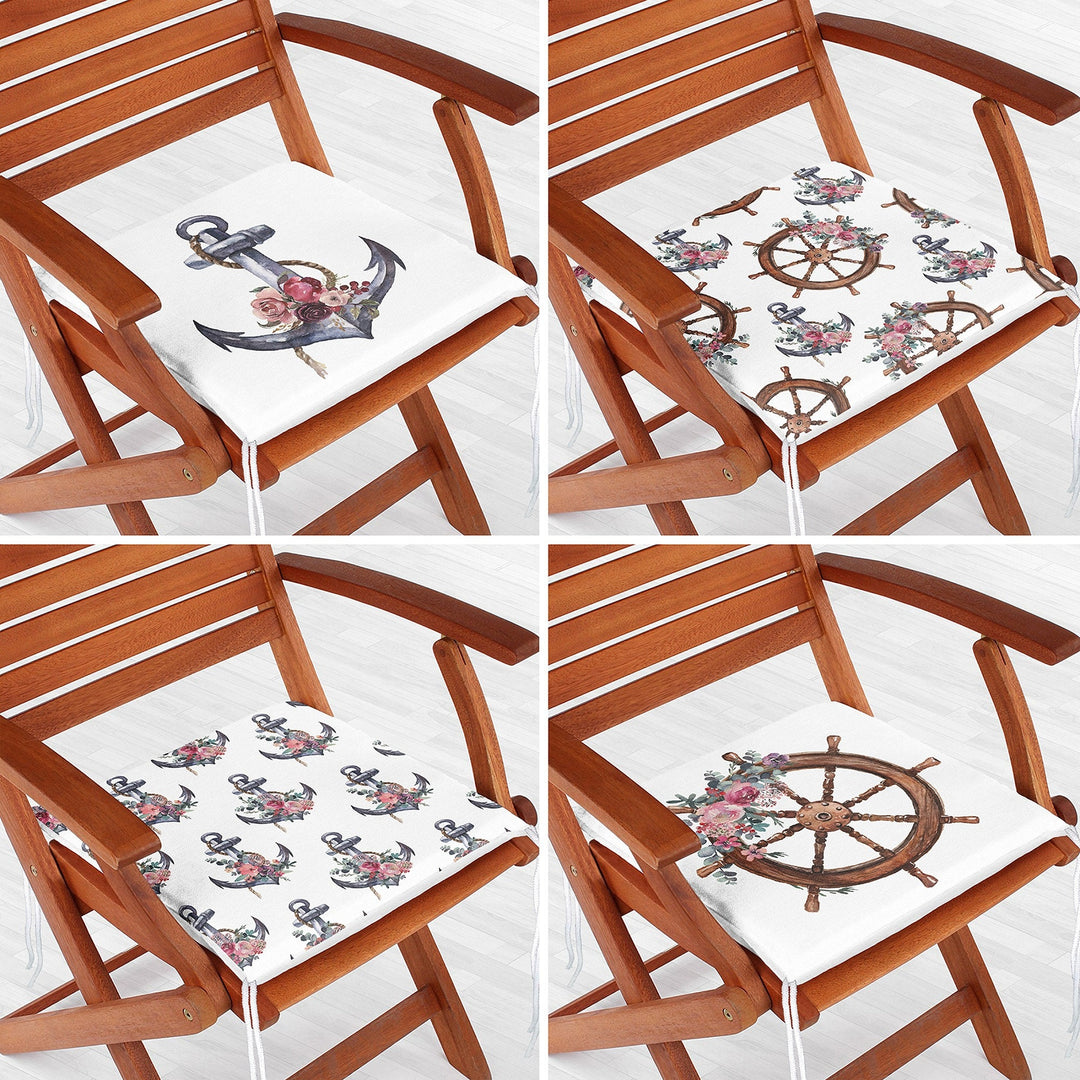 Set of 4 Nautical Chair Cushion|Floral Anchor Wheel Print Seat Pad with Zip and Ties|Beach House Chair Pad Set|Coastal Outdoor Seat Cushion