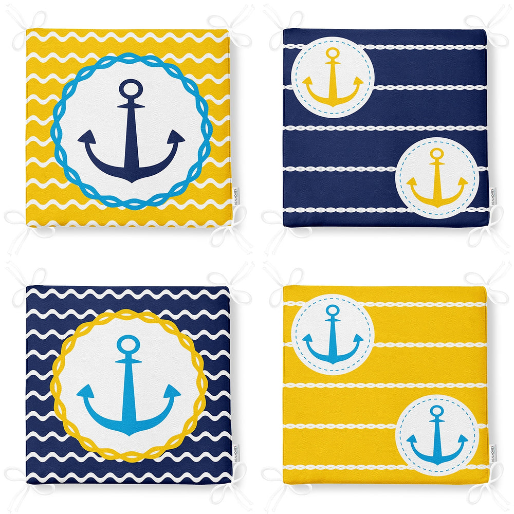 Set of 4 Nautical Chair Cushion|Blue Yellow Anchor Print Seat Pad with Zip and Ties|Beach House Chair Pad Set|Coastal Outdoor Seat Cushion