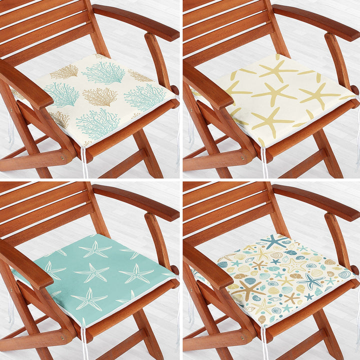 Set of 4 Beach House Chair Cushion|Starfish and Coral Print Seat Pad with Zip and Ties|Nautical Chair Pad Set|Coastal Outdoor Seat Cushion