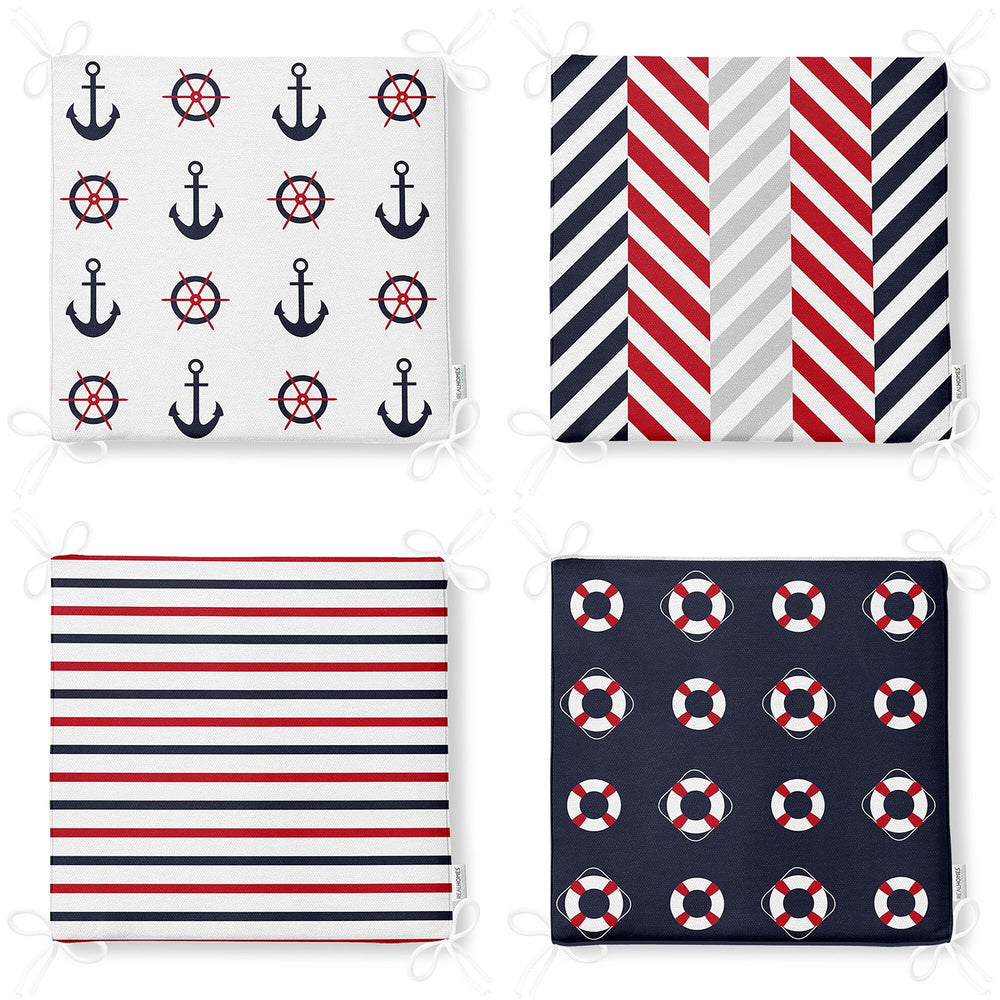 Set of 4 Nautical Chair Cushion|Anchor Wheel Life Saver Seat Pad with Zip, Ties|Beach House Striped Chair Pad|Coastal Outdoor Seat Cushion