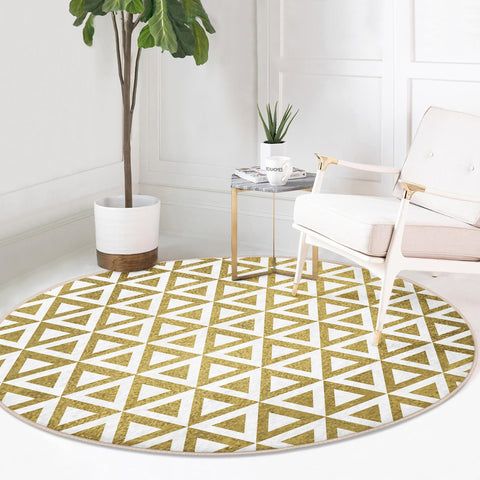 Geometric Round Rug|Zigzag Design Non-Slip Round Carpet|Gold White Circle Carpet|Decorative Area Rug|Seamless Multi-Purpose Anti-Slip Mat