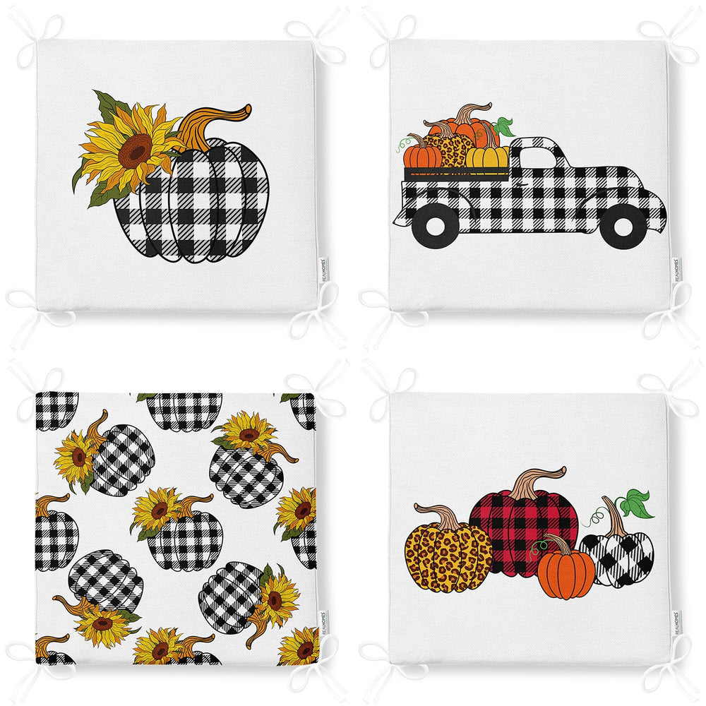 Set of 4 Fall Trend Chair Cushion|Checkered Pumpkin Truck Seat Pad with Zip Ties|Farmhouse Chair Pad Set|Housewarming Outdoor Seat Cushion