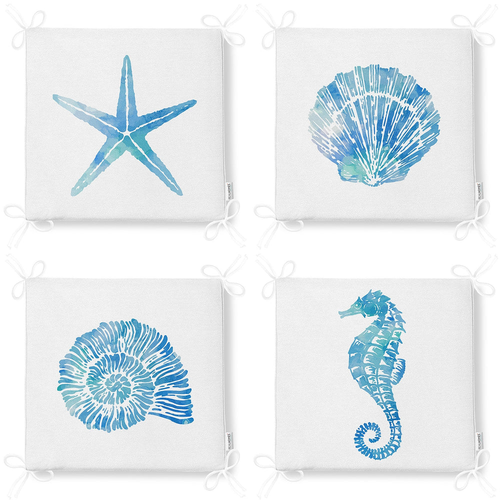 Set of 4 Beach House Chair Cushion|Blue Starfish Oyster Seat Pad with Zip and Ties|Seashell Seahorse Chair Pad|Coastal Outdoor Seat Cushion