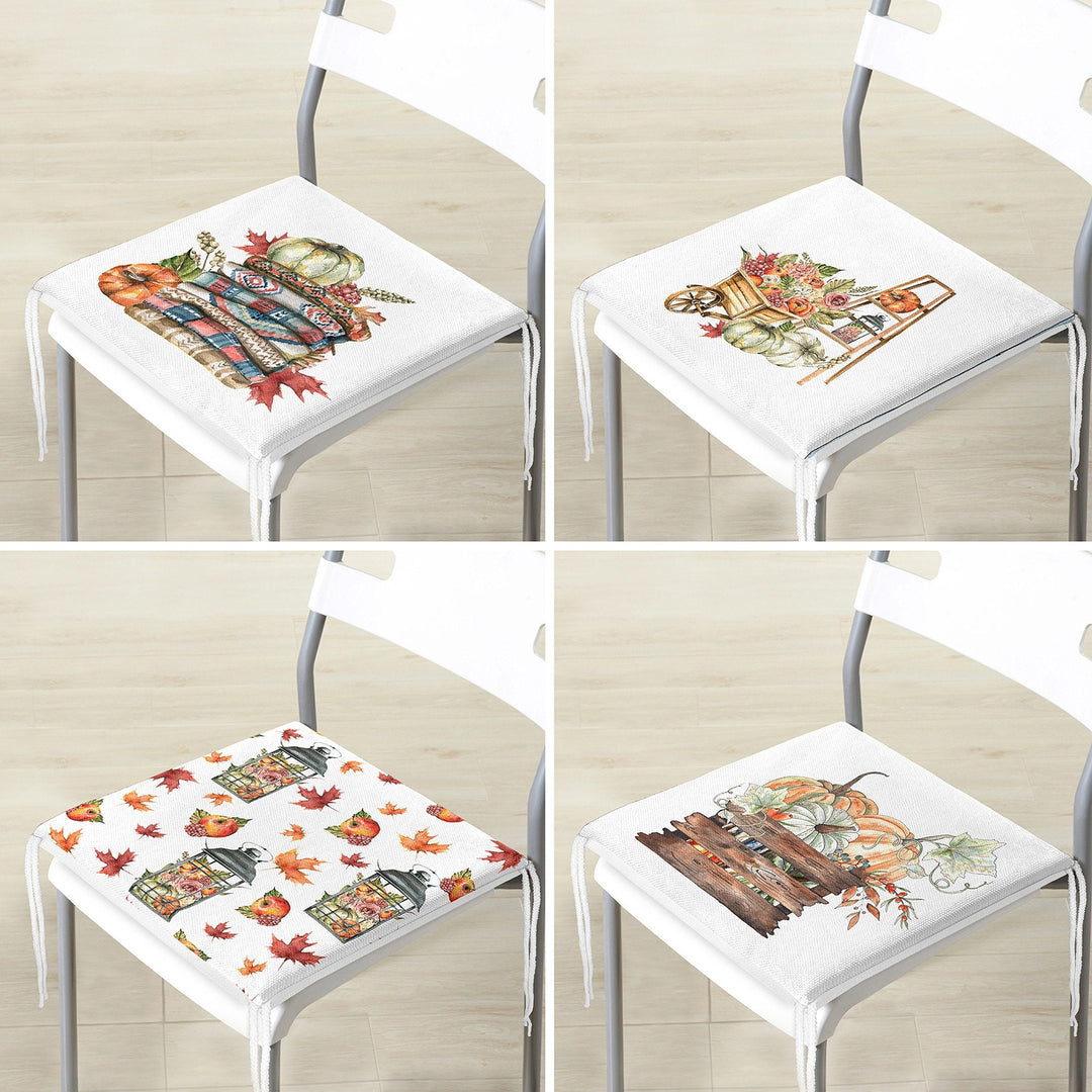 Set of 4 Fall Trend Chair Cushion|Floral Pumpkin and Leaves Seat Pad with Zip Ties|Farmhouse Autumn Chair Pad Set|Outdoor Seat Cushion Set