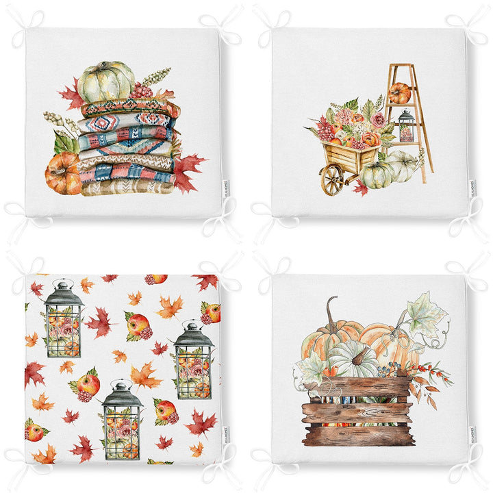 Set of 4 Fall Trend Chair Cushion|Floral Pumpkin and Leaves Seat Pad with Zip Ties|Farmhouse Autumn Chair Pad Set|Outdoor Seat Cushion Set