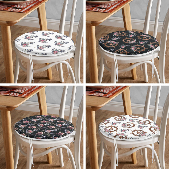 Set of 4 Round Chair, Stool Cushion|Nautical Seat Pad with 4 Ties|Floral Anchor Wheel Chair Pad|Summer Trend Coastal Outdoor Seat Cushion