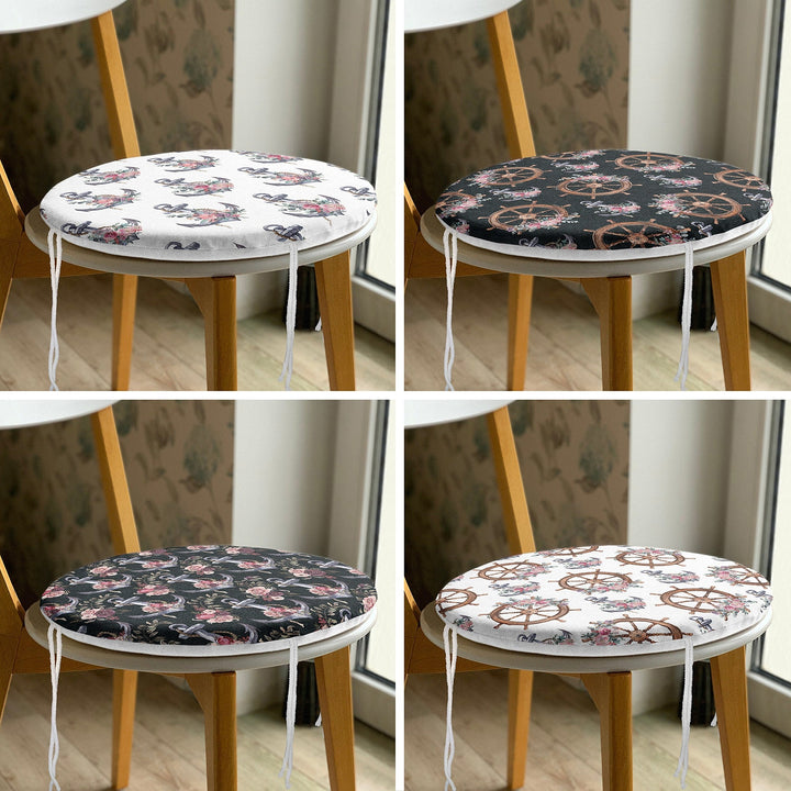 Set of 4 Round Chair, Stool Cushion|Nautical Seat Pad with 4 Ties|Floral Anchor Wheel Chair Pad|Summer Trend Coastal Outdoor Seat Cushion