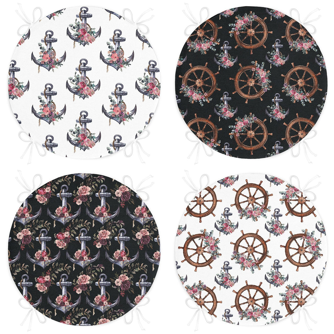 Set of 4 Round Chair, Stool Cushion|Nautical Seat Pad with 4 Ties|Floral Anchor Wheel Chair Pad|Summer Trend Coastal Outdoor Seat Cushion