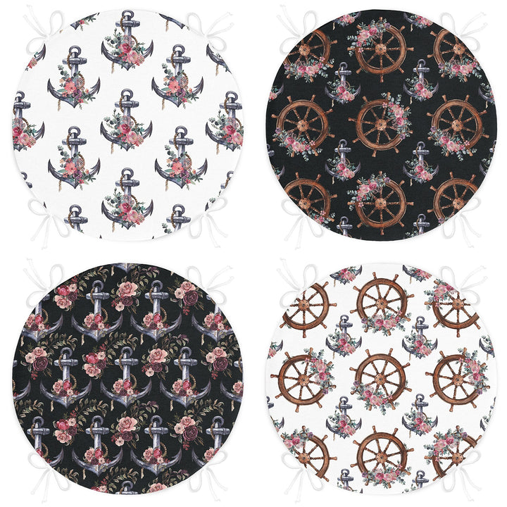 Set of 4 Round Chair, Stool Cushion|Nautical Seat Pad with 4 Ties|Floral Anchor Wheel Chair Pad|Summer Trend Coastal Outdoor Seat Cushion