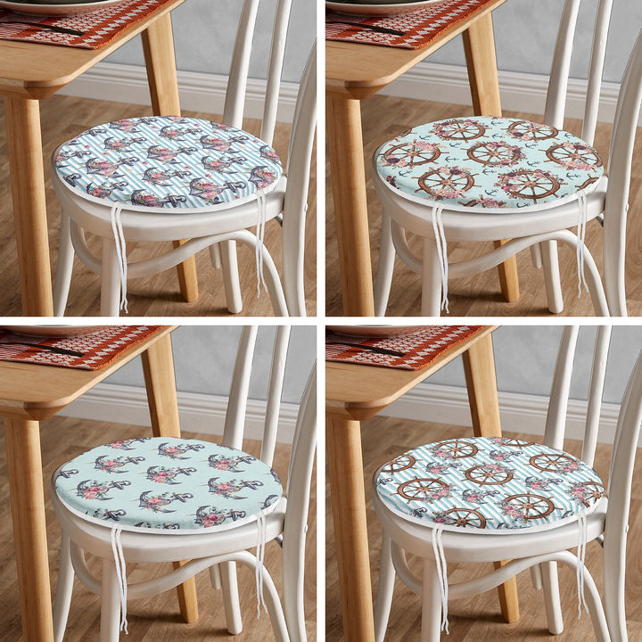 Set of 4 Round Chair, Stool Cushion|Nautical Seat Pad with 4 Ties|Floral Anchor Wheel Chair Pad|Summer Trend Coastal Outdoor Seat Cushion