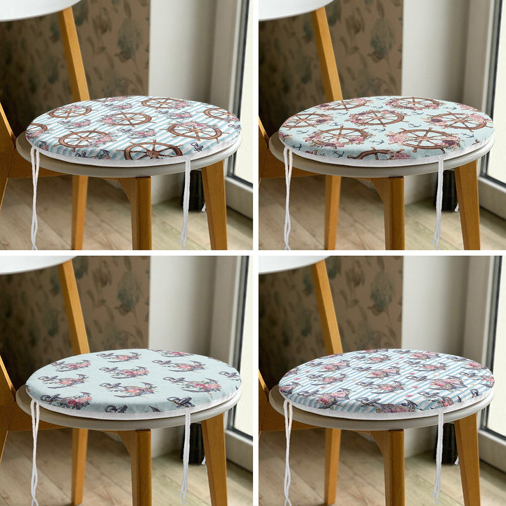 Set of 4 Round Chair, Stool Cushion|Nautical Seat Pad with 4 Ties|Floral Anchor Wheel Chair Pad|Summer Trend Coastal Outdoor Seat Cushion