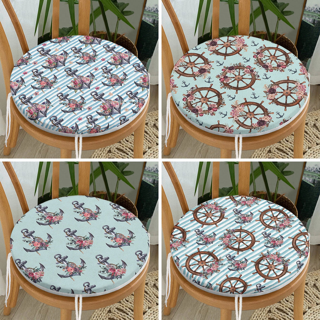 Set of 4 Round Chair, Stool Cushion|Nautical Seat Pad with 4 Ties|Floral Anchor Wheel Chair Pad|Summer Trend Coastal Outdoor Seat Cushion