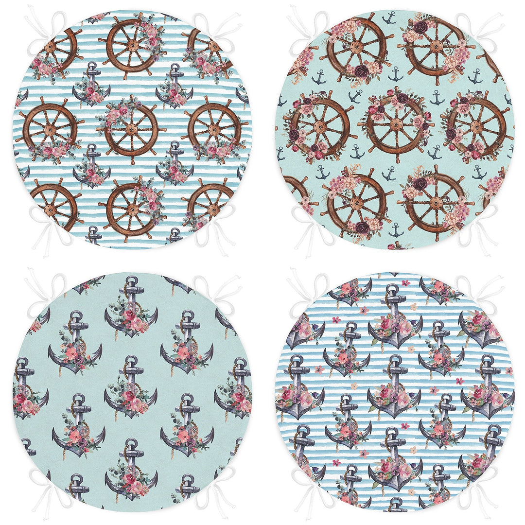 Set of 4 Round Chair, Stool Cushion|Nautical Seat Pad with 4 Ties|Floral Anchor Wheel Chair Pad|Summer Trend Coastal Outdoor Seat Cushion