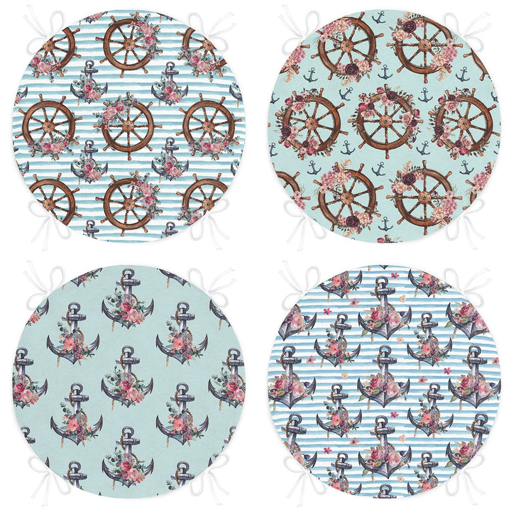 Set of 4 Round Chair, Stool Cushion|Nautical Seat Pad with 4 Ties|Floral Anchor Wheel Chair Pad|Summer Trend Coastal Outdoor Seat Cushion