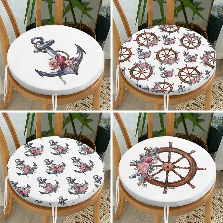 Set of 4 Round Chair, Stool Cushion|Nautical Seat Pad with 4 Ties|Floral Anchor Wheel Chair Pad|Summer Trend Coastal Outdoor Seat Cushion