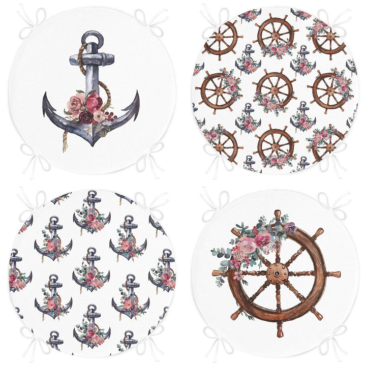 Set of 4 Round Chair, Stool Cushion|Nautical Seat Pad with 4 Ties|Floral Anchor Wheel Chair Pad|Summer Trend Coastal Outdoor Seat Cushion