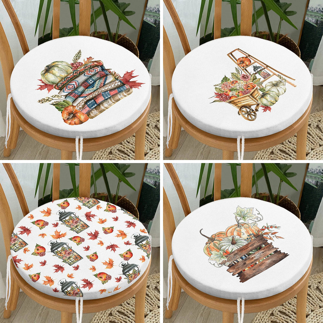 Set of 4 Round Chair, Stool Cushion|Fall Trend Seat Pad with 4 Ties|Pumpkin with Leaves Chair Pad|Housewarming Autumn Outdoor Seat Cushion