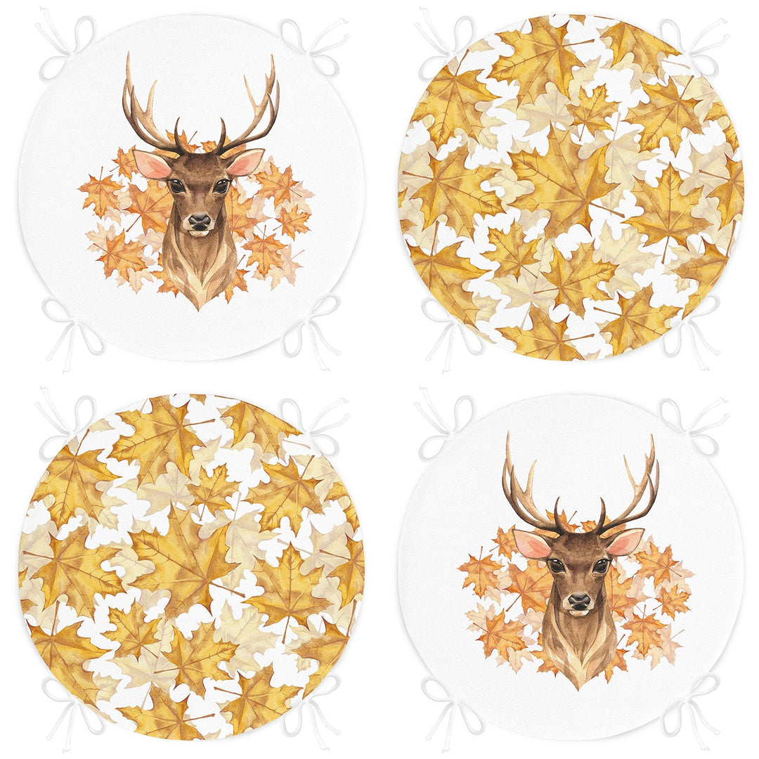 Set of 4 Round Chair, Stool Cushion|Dry Yellow Leaves Seat Pad with Zip and Ties|Farmhouse Autumn Chair Pad|Deer Print Outdoor Seat Cushion