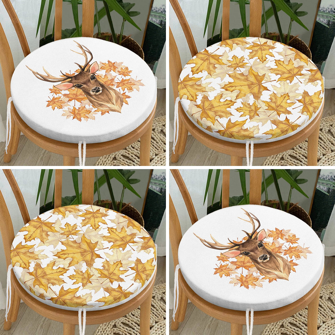 Set of 4 Round Chair, Stool Cushion|Dry Yellow Leaves Seat Pad with Zip and Ties|Farmhouse Autumn Chair Pad|Deer Print Outdoor Seat Cushion