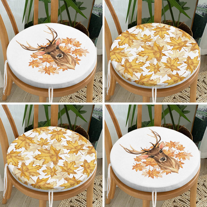 Set of 4 Round Chair, Stool Cushion|Dry Yellow Leaves Seat Pad with Zip and Ties|Farmhouse Autumn Chair Pad|Deer Print Outdoor Seat Cushion