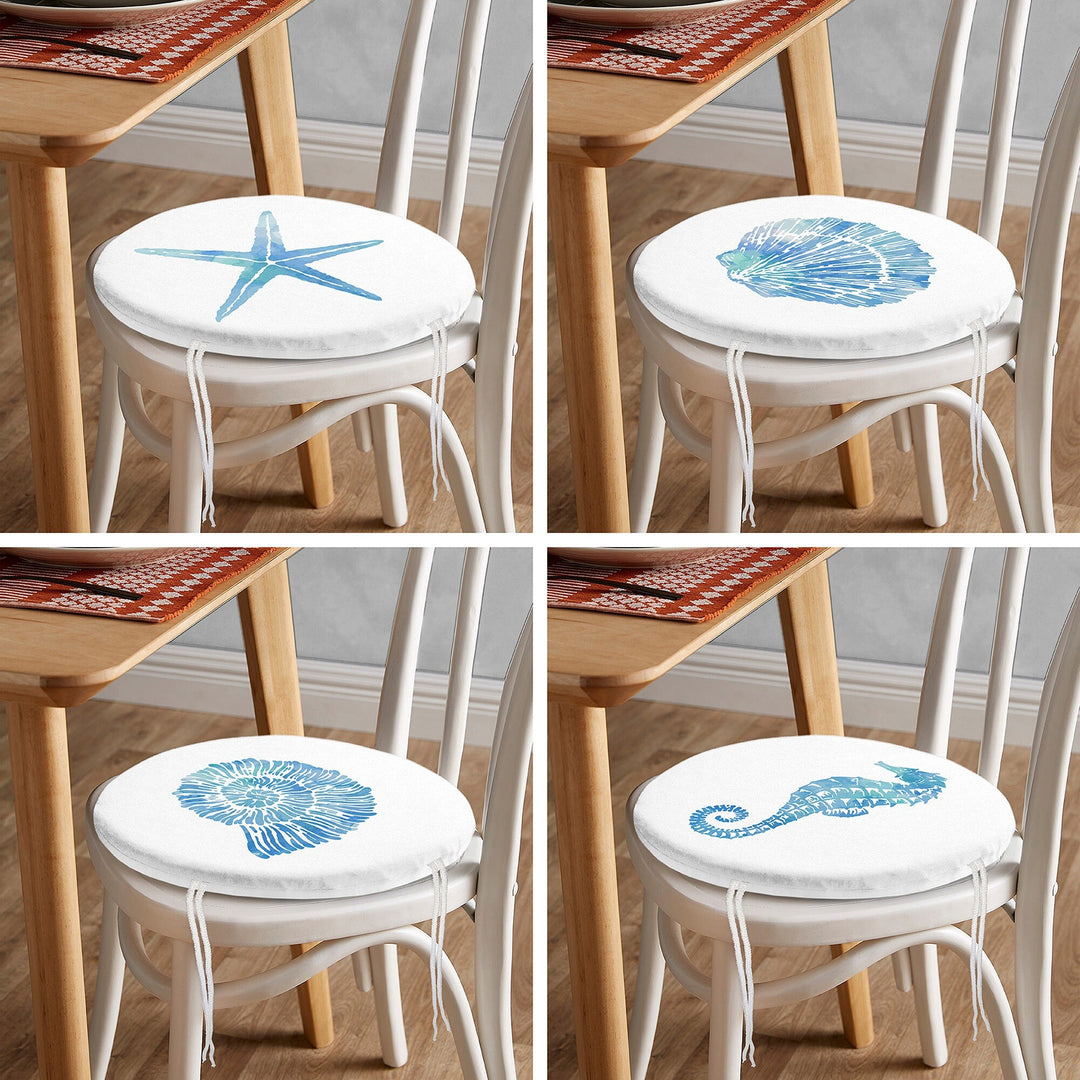 Set of 4 Beach House Round Chair, Stool Cushion|Blue Starfish Oyster Seat Pad with Zip and Ties|Circle Seashell Seahorse Coastal Chair Pad