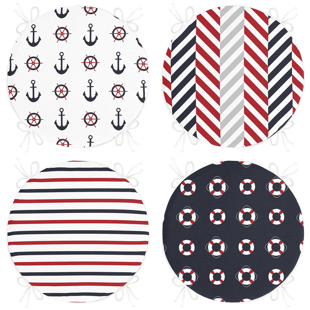 Set of 4 Round Chair, Stool Cushion|Nautical Seat Pad with 4 Ties|Anchor Wheel Life Saver Chair Pad|Striped Coastal Circle Seat Cushion