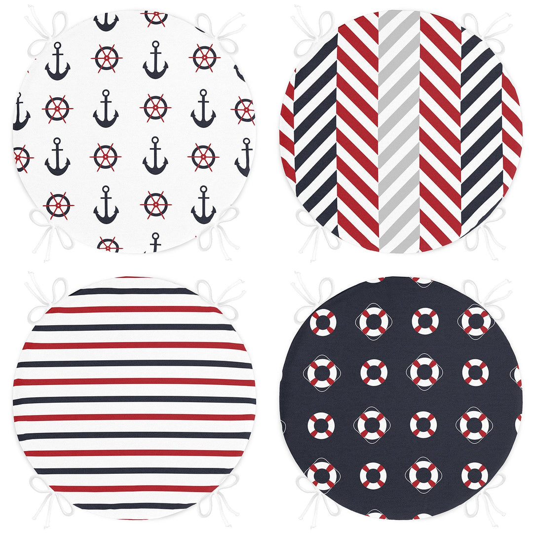 Set of 4 Round Chair, Stool Cushion|Nautical Seat Pad with 4 Ties|Anchor Wheel Life Saver Chair Pad|Striped Coastal Circle Seat Cushion