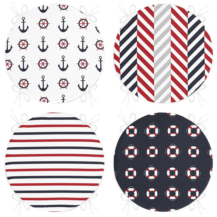 Set of 4 Round Chair, Stool Cushion|Nautical Seat Pad with 4 Ties|Anchor Wheel Life Saver Chair Pad|Striped Coastal Circle Seat Cushion