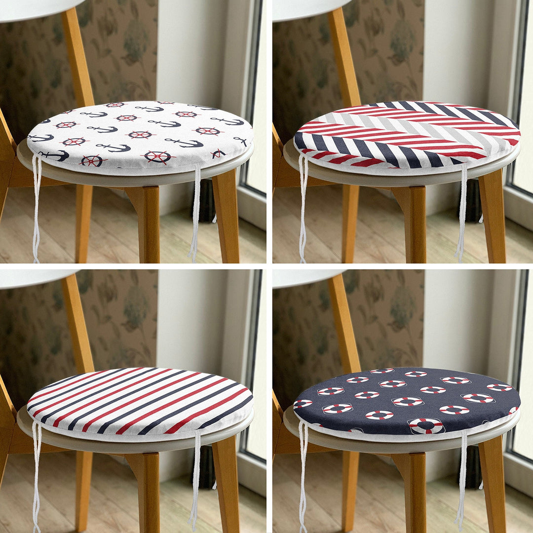 Set of 4 Round Chair, Stool Cushion|Nautical Seat Pad with 4 Ties|Anchor Wheel Life Saver Chair Pad|Striped Coastal Circle Seat Cushion