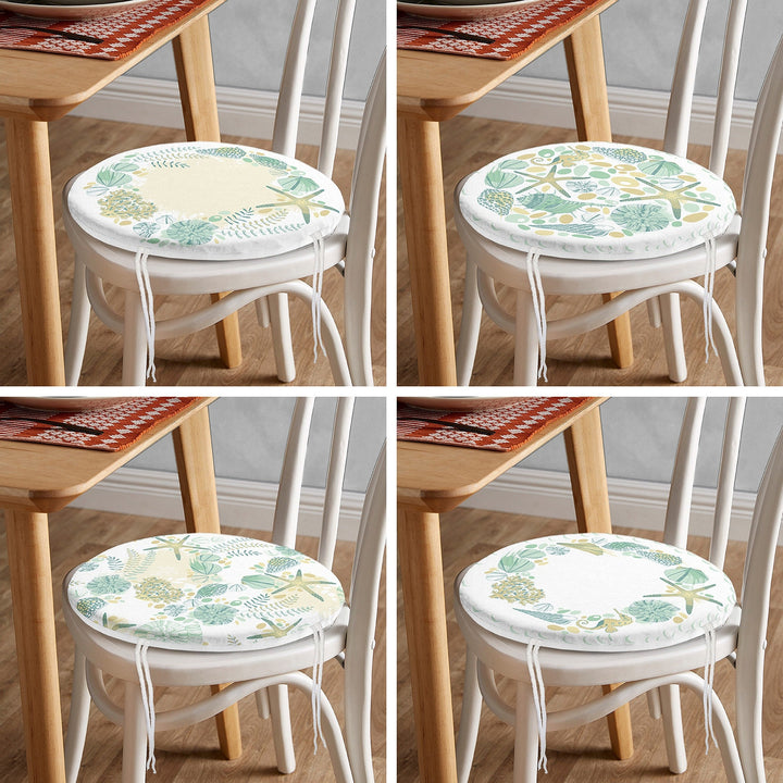 Set of 4 Beach House Round Chair, Stool Cushion|Starfish Seashell Coral Seat Pad with Zip, Ties|Nautical Chair Pad Set|Coastal Seat Cushion