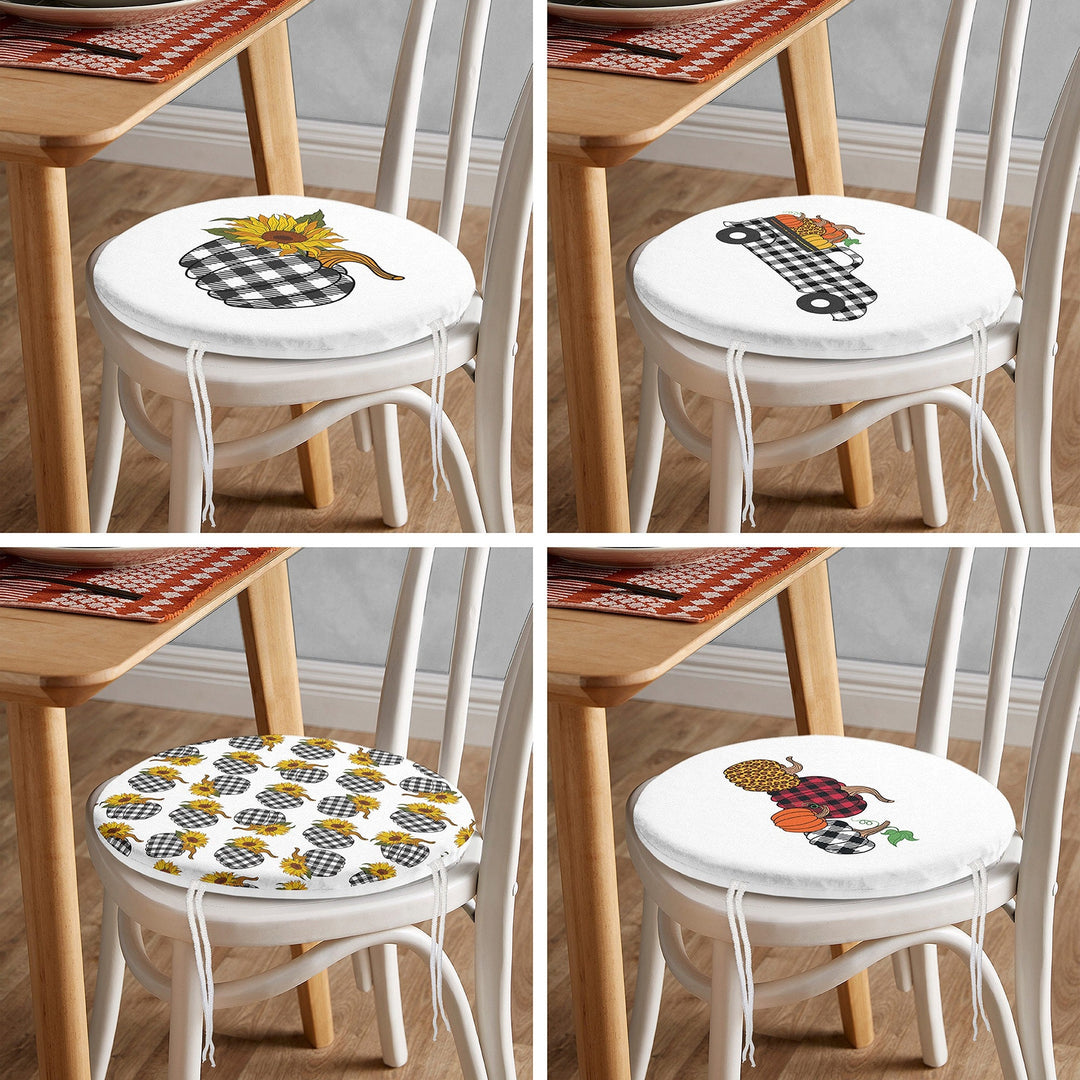 Set of 4 Round Chair, Stool Cushion|Checkered Pumpkin Truck Seat Pad with Zip, Ties|Fall Trend Chair Pad|Farmhouse Outdoor Seat Cushion