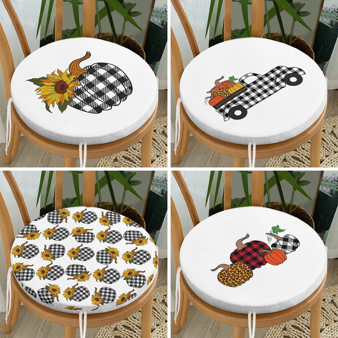 Set of 4 Round Chair, Stool Cushion|Checkered Pumpkin Truck Seat Pad with Zip, Ties|Fall Trend Chair Pad|Farmhouse Outdoor Seat Cushion