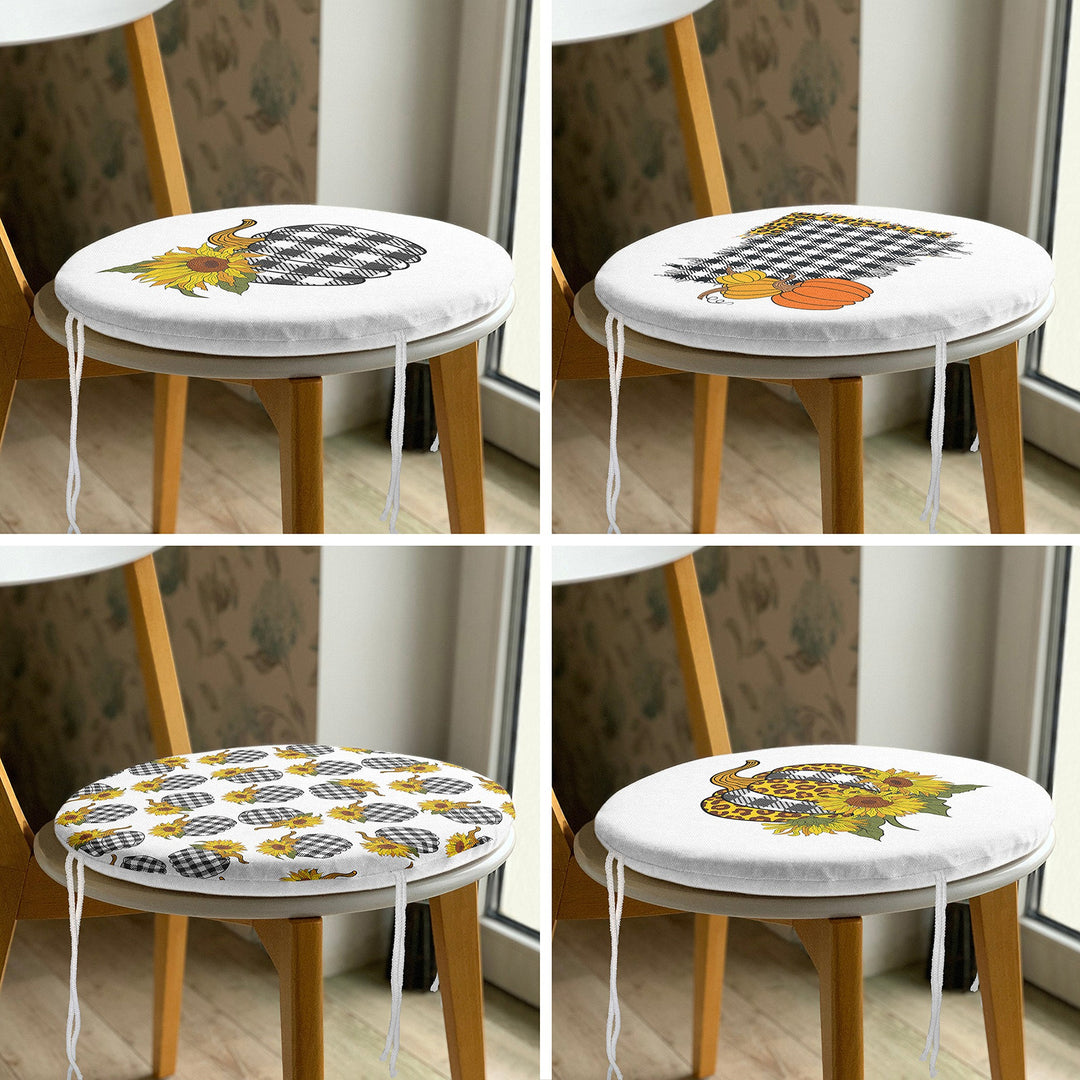 Set of 4 Round Chair, Stool Cushion|Checkered Pumpkin Seat Pad with Zip, Ties|Farmhouse Autumn Chair Pad|Housewarming Outdoor Seat Cushion