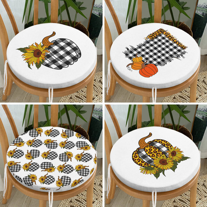 Set of 4 Round Chair, Stool Cushion|Checkered Pumpkin Seat Pad with Zip, Ties|Farmhouse Autumn Chair Pad|Housewarming Outdoor Seat Cushion