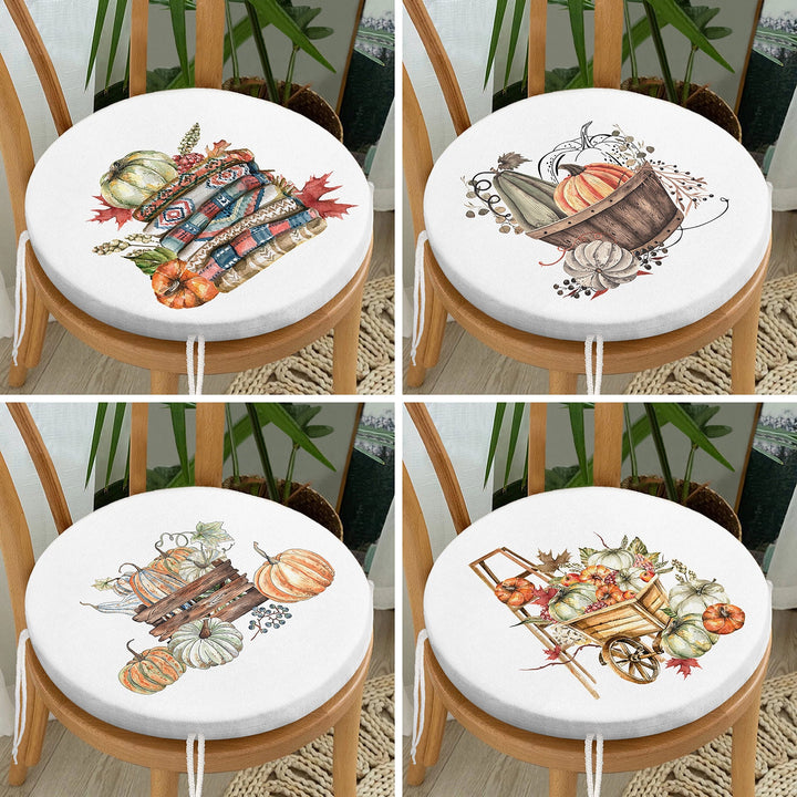 Set of 4 Round Chair, Stool Cushion|Fall Trend Seat Pad with 4 Ties|Pumpkin and Leaves Chair Pad|Housewarming Autumn Circle Seat Cushion