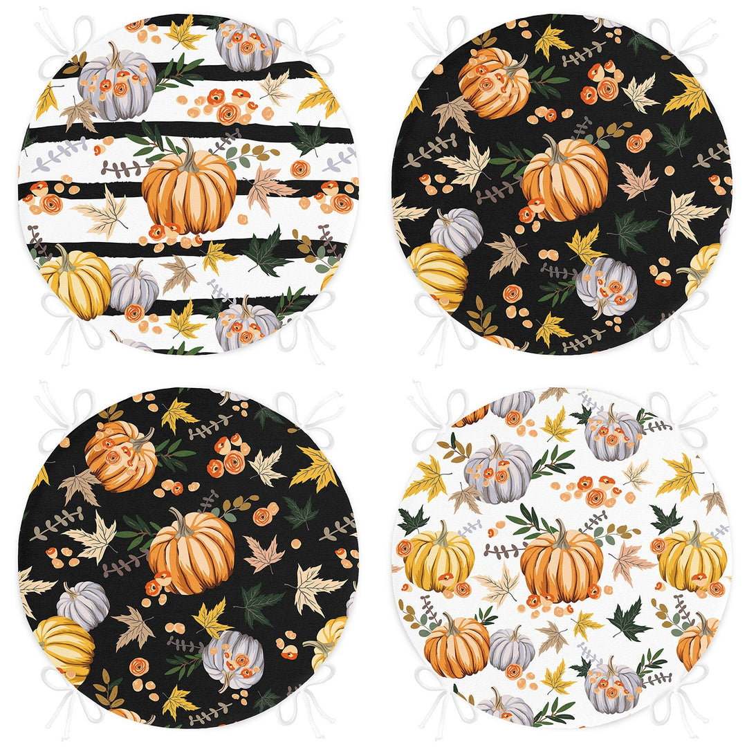 Set of 4 Round Chair, Stool Cushion|Fall Trend Seat Pad with Ties|Striped Orange Gray Pumpkin Chair Pad|Farmhouse Autumn Circle Seat Cushion