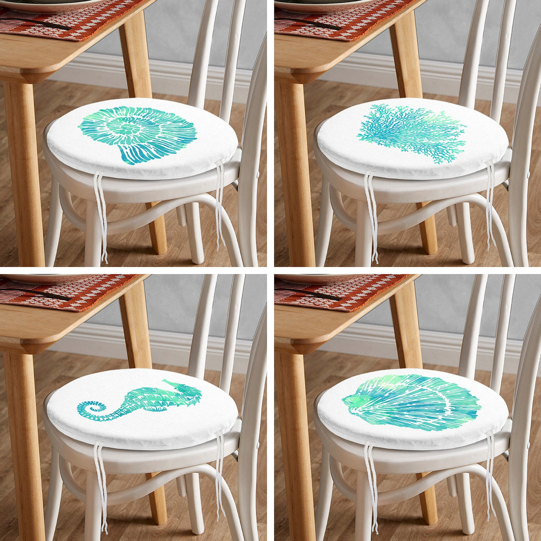 Set of 4 Beach House Round Chair, Stool Cushion|Seahorse Coral Seat Pad with Zip, Ties|Turquoise Seashell Oyster Chair Pad|Coastal Decor