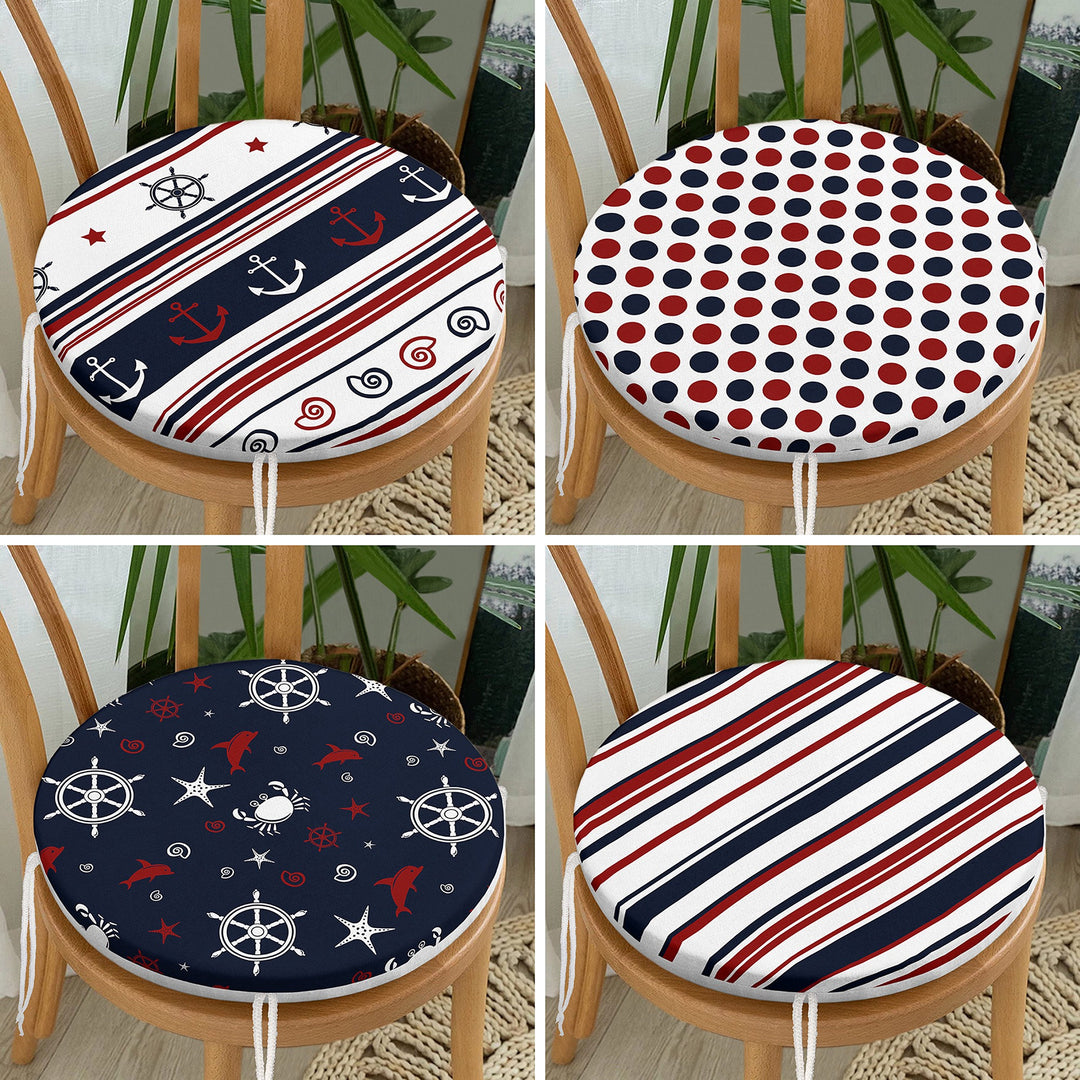 Set of 4 Round Chair, Stool Cushion|Anchor Wheel Seat Pad with Zip and Ties|Dolphin Beach House Chair Pad|Nautical Crab Seat Cushion Set