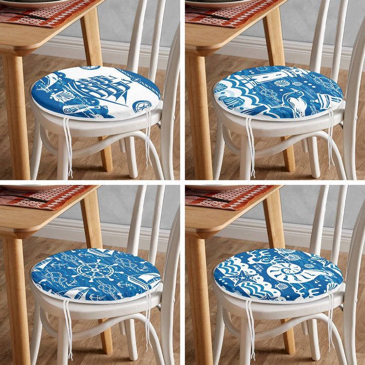 Set of 4 Round Chair, Stool Cushion|Blue White Sailing Ship Wheel Lighthouse Seashell Seat Pad with Zip, Ties|Soft Beach House Chair Pad Set