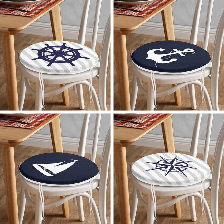 Set of 4 Round Chair, Stool Cushion|Navy Blue Seat Pad with Ties|Anchor Wheel Compass Sailing Boat Chair Pad|Coastal Outdoor Seat Cushion