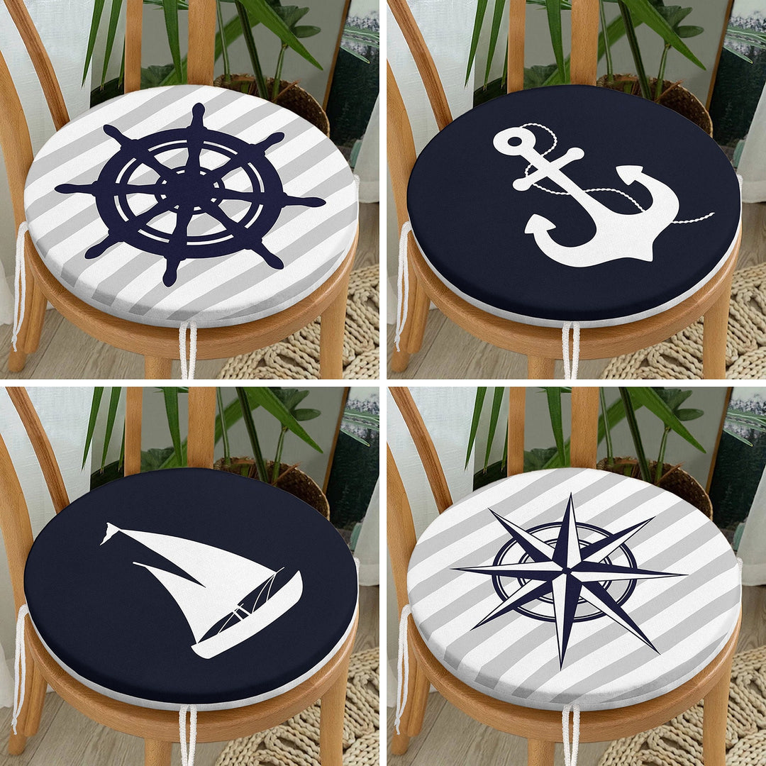 Set of 4 Round Chair, Stool Cushion|Navy Blue Seat Pad with Ties|Anchor Wheel Compass Sailing Boat Chair Pad|Coastal Outdoor Seat Cushion